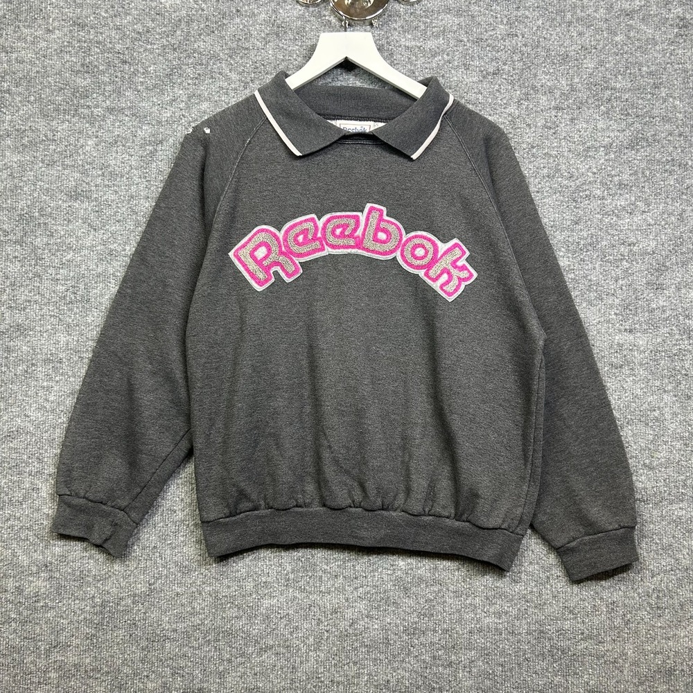 Reebok Sweatshirt Women Dark Gray Fleece Collared Raglan Sleeve Pullover - Large